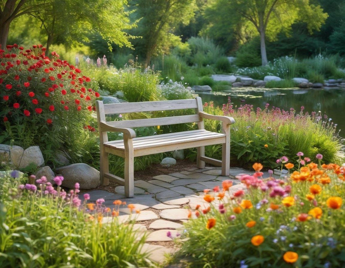 A serene and comforting scene depicting a peaceful garden with personalized elements, such as a handcrafted wooden bench, a bouquet of wildflowers, and a tranquil pond reflecting the surrounding beauty. A soft, warm light bathes the area, inviting a sense of healing and remembrance. Incorporate symbolic representations of love and memories, such as heart-shaped stones or colorful wind chimes gently swaying in the breeze. nature-inspired, painterly style, warm colors.