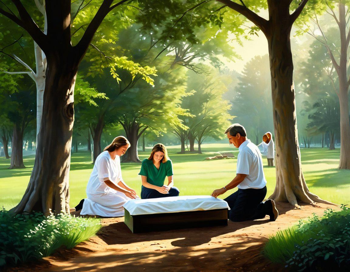 A serene and compassionate scene depicting a family gathered around a simple, elegant burial product, surrounded by nature. Include a soft, warm light filtering through trees, symbolizing peace and closure. In the background, a supportive service professional offers guidance with a reassuring smile. Emphasize tones of green and earth to convey comfort and hope. painting. warm colors.