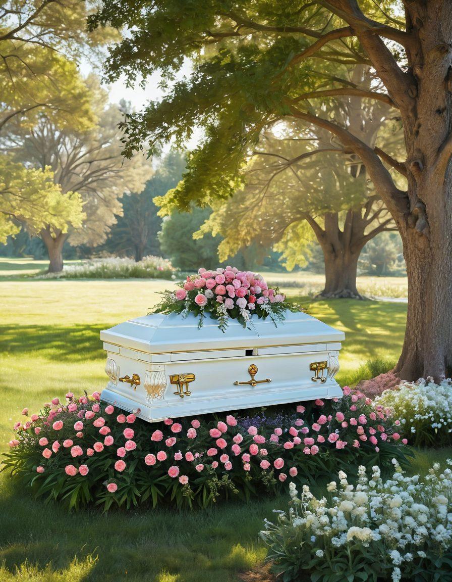 A serene and peaceful landscape depicting a beautiful, nature-filled setting with a personalized casket surrounded by soft flowers and gentle sunlight filtering through trees. Include a comforting figure reflecting thoughtfully, symbolizing compassionate choices in end-of-life planning. Soft pastels and warm hues create a calmed atmosphere. super-realistic. vibrant colors. tranquil setting.